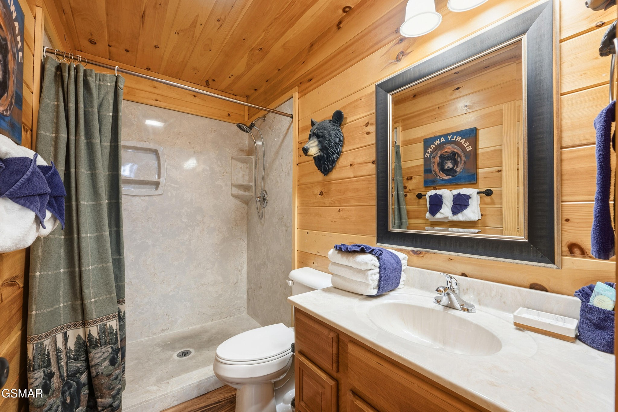 Cabin-style bathroom with a stone walk-in shower, wood paneling, and a white sink vanity.