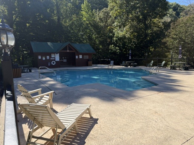 Outdoor pool with a paved deck, lounge chairs, and a small wooden pool building among trees.