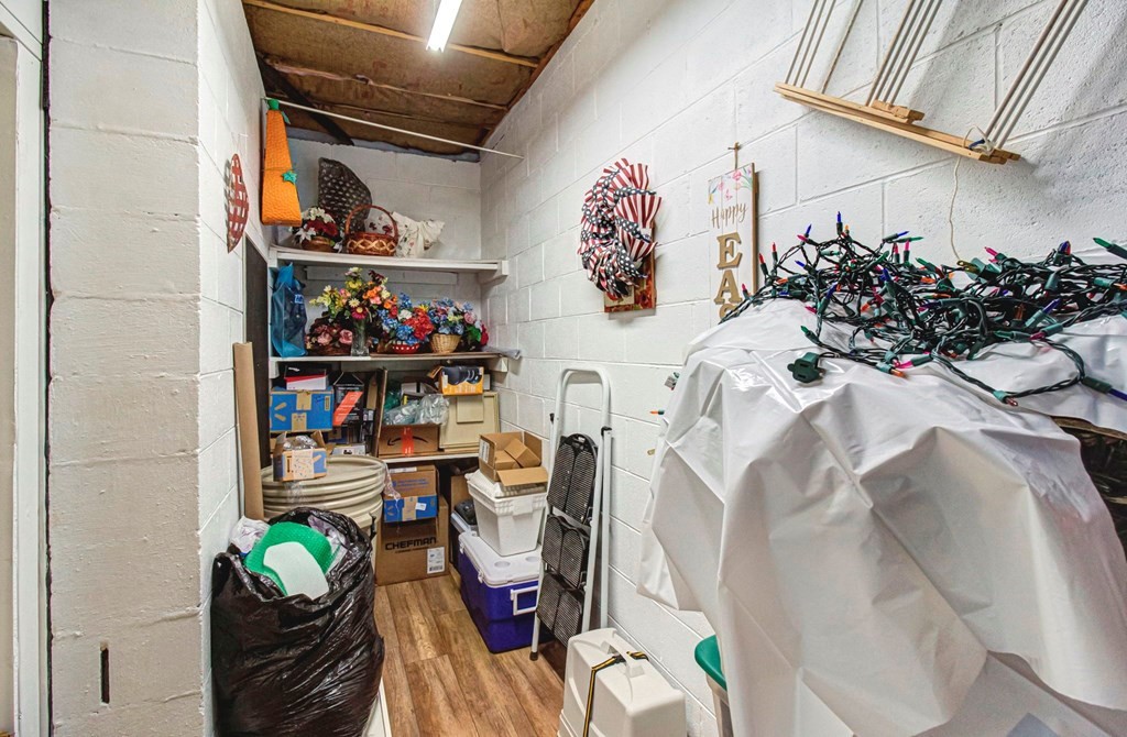 Storage room with shelves of boxes and flowers, and holiday lights piled on a covered item.