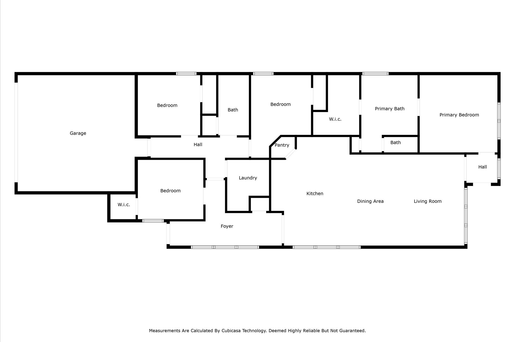 Floor plan showing four bedrooms, a large garage, and open kitchen, dining, and living areas.