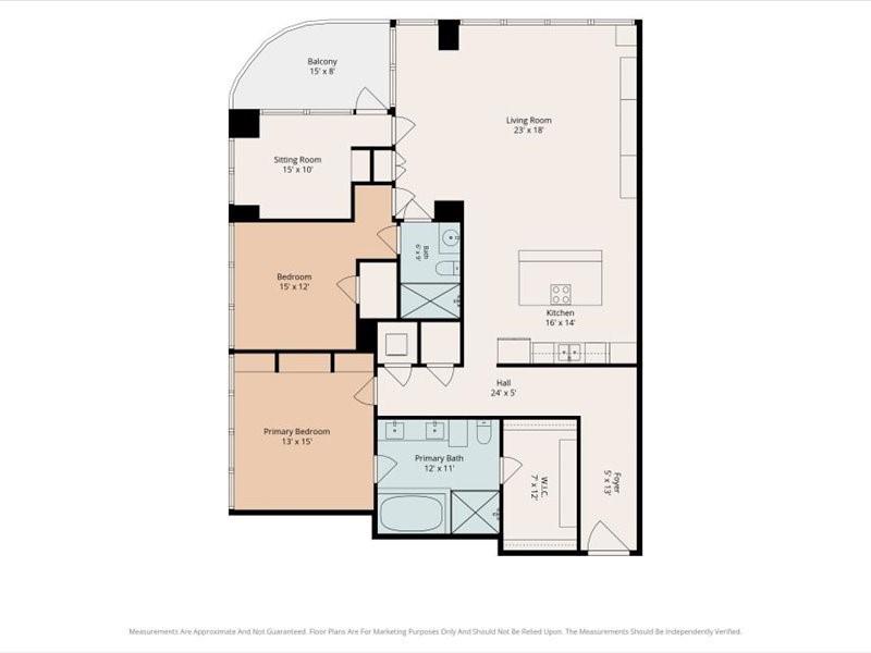 Floor plan of a two-bedroom condo with a balcony, sitting room, and labeled room dimensions.
