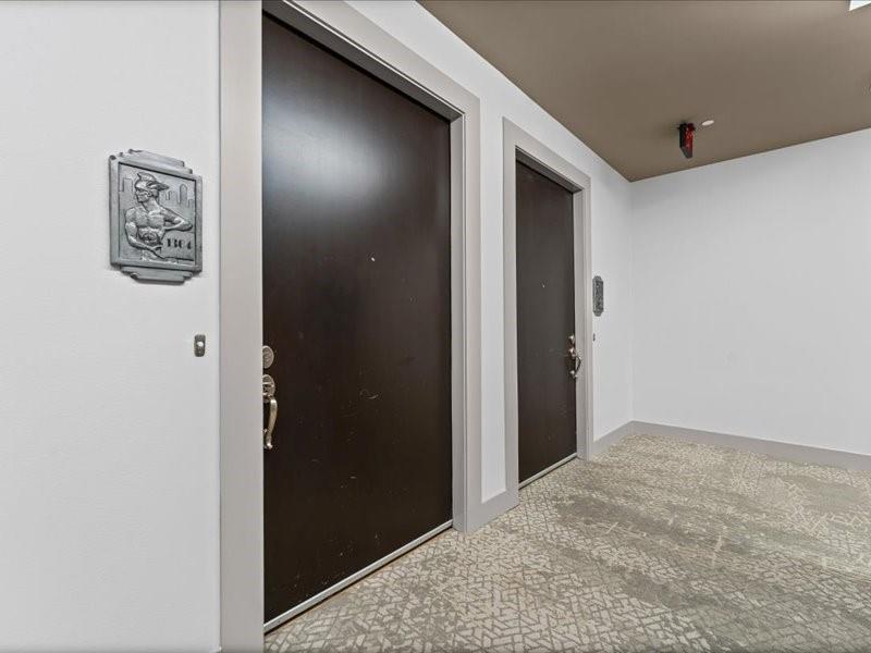 Condominium hallway with two dark doors and patterned carpet.