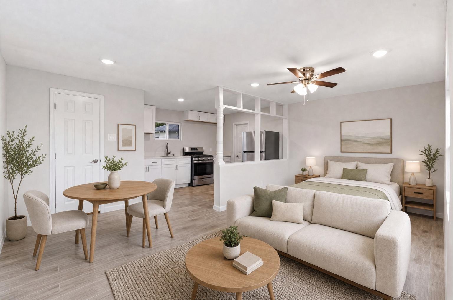 Staged open-plan studio with a dining table, compact kitchen, sofa, and bed.