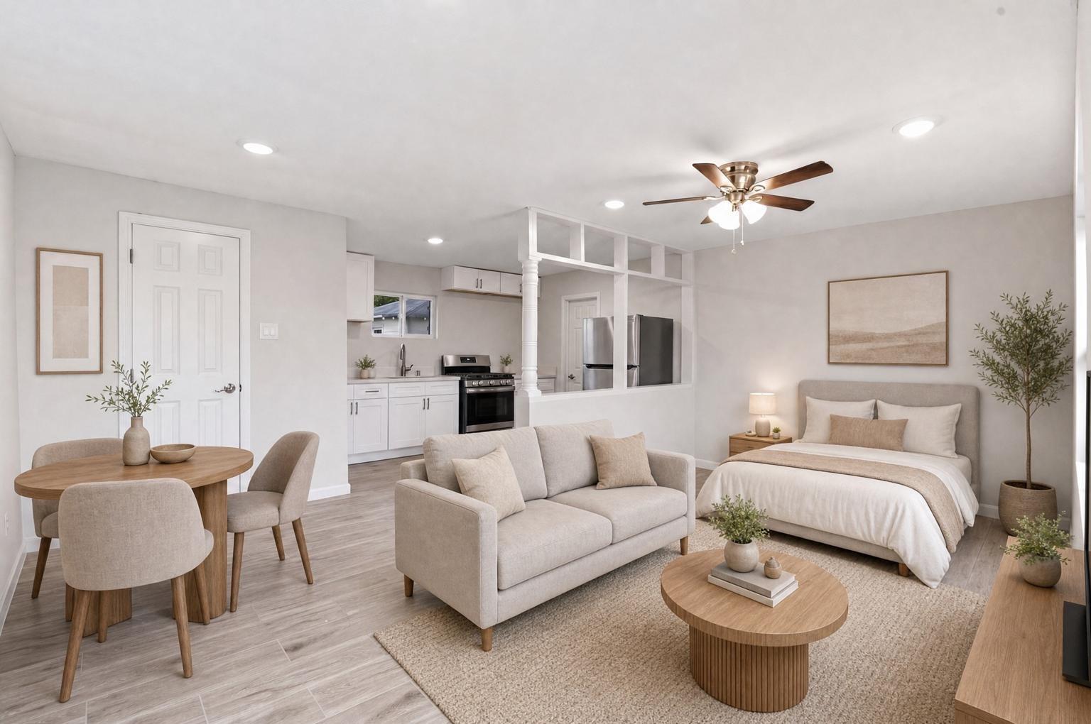 Open-plan living area with a compact kitchen, dining nook, and bed.