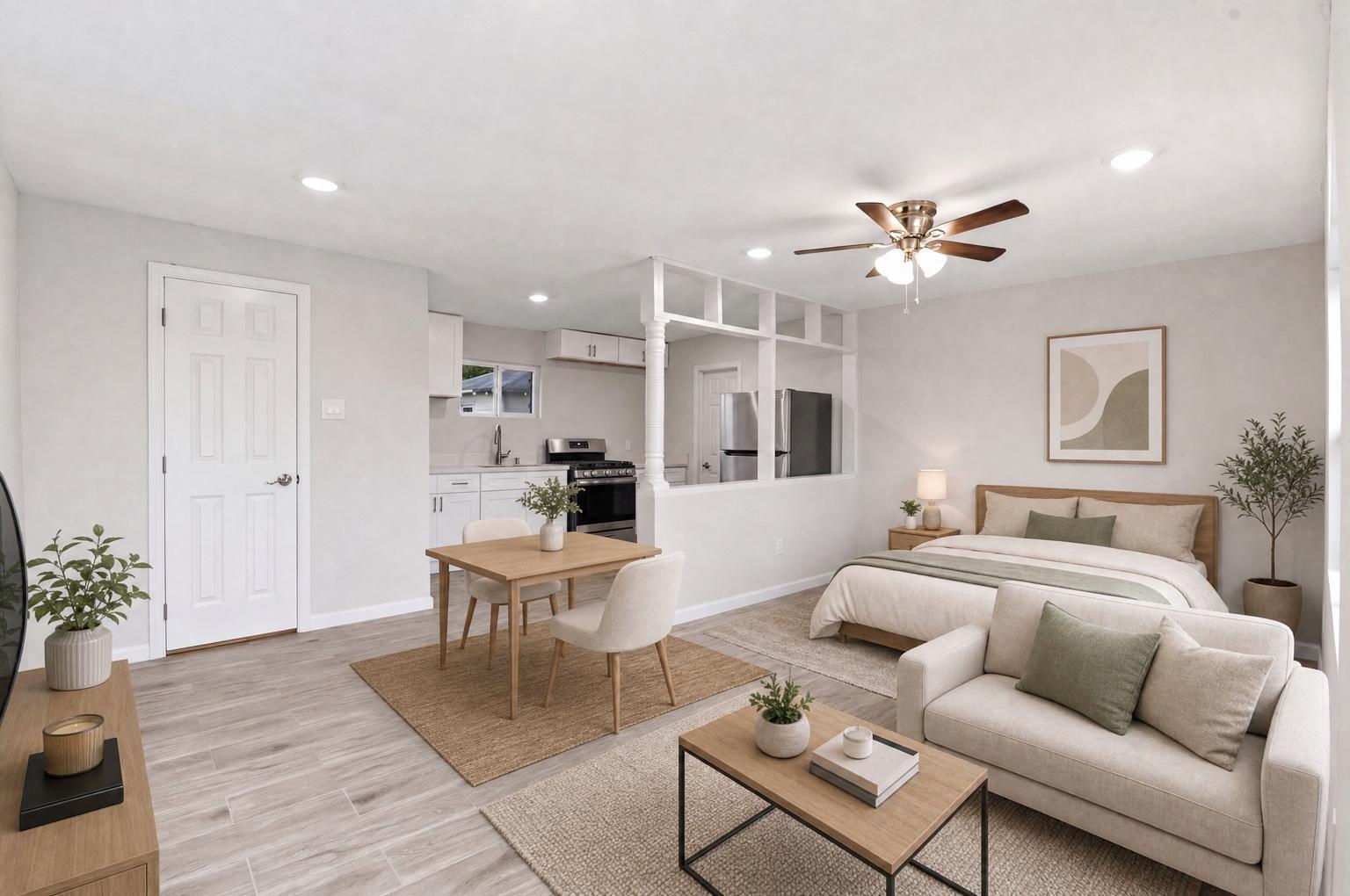 Open-plan studio with a compact kitchen, dining table, and bed separated from the living area.