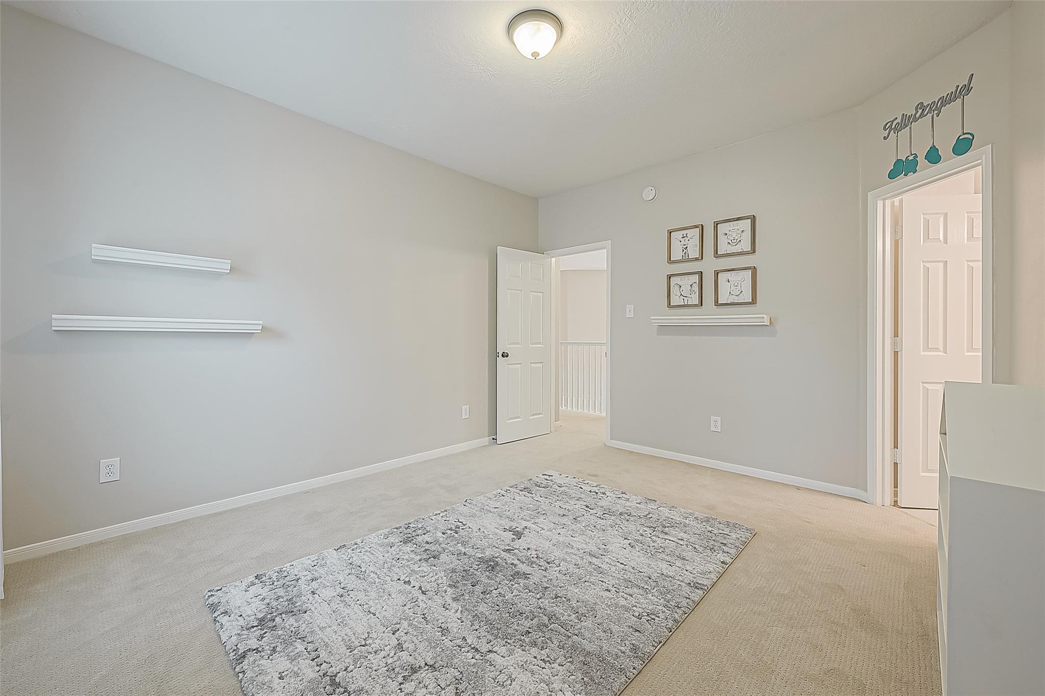 Carpeted bedroom with a patterned rug, floating shelves, and framed animal art.