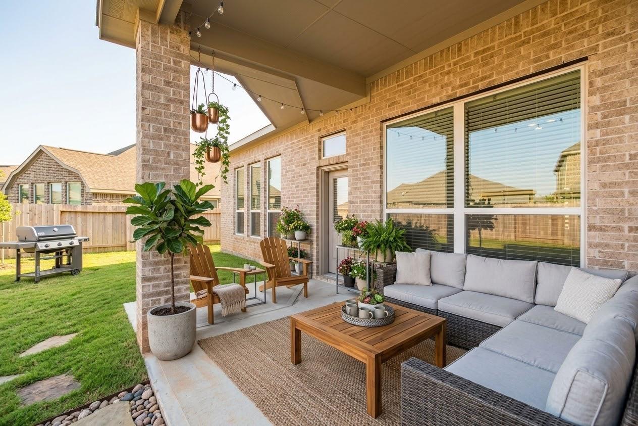 Covered brick patio with a gray sectional, wooden furniture, potted plants, and string lights beside a fenced lawn.