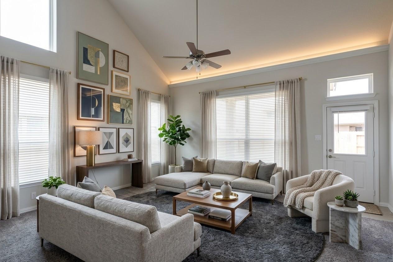 Living room with a vaulted ceiling, gallery wall, gray sofas, and large curtained windows.