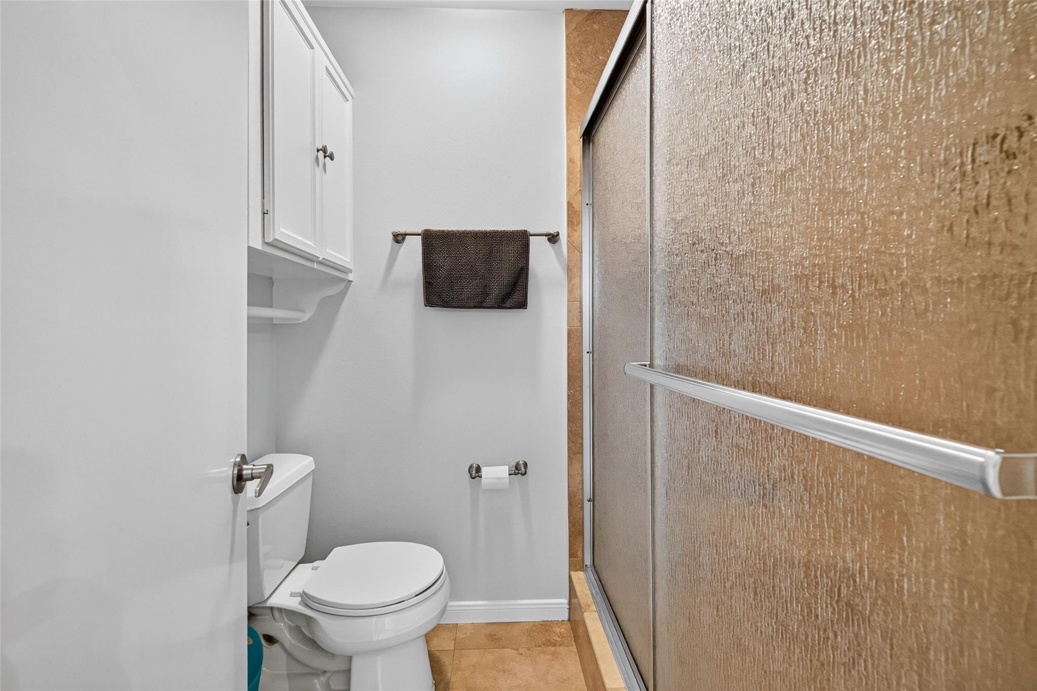 Compact bathroom with a white toilet and textured glass shower enclosure.