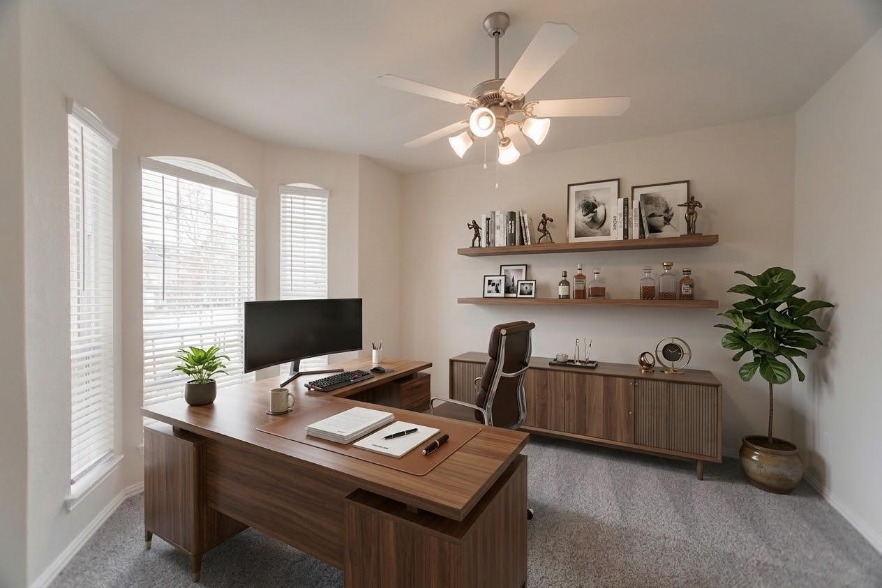 Furnished home office with a broad wooden desk, floating shelves, and tall windows with blinds.