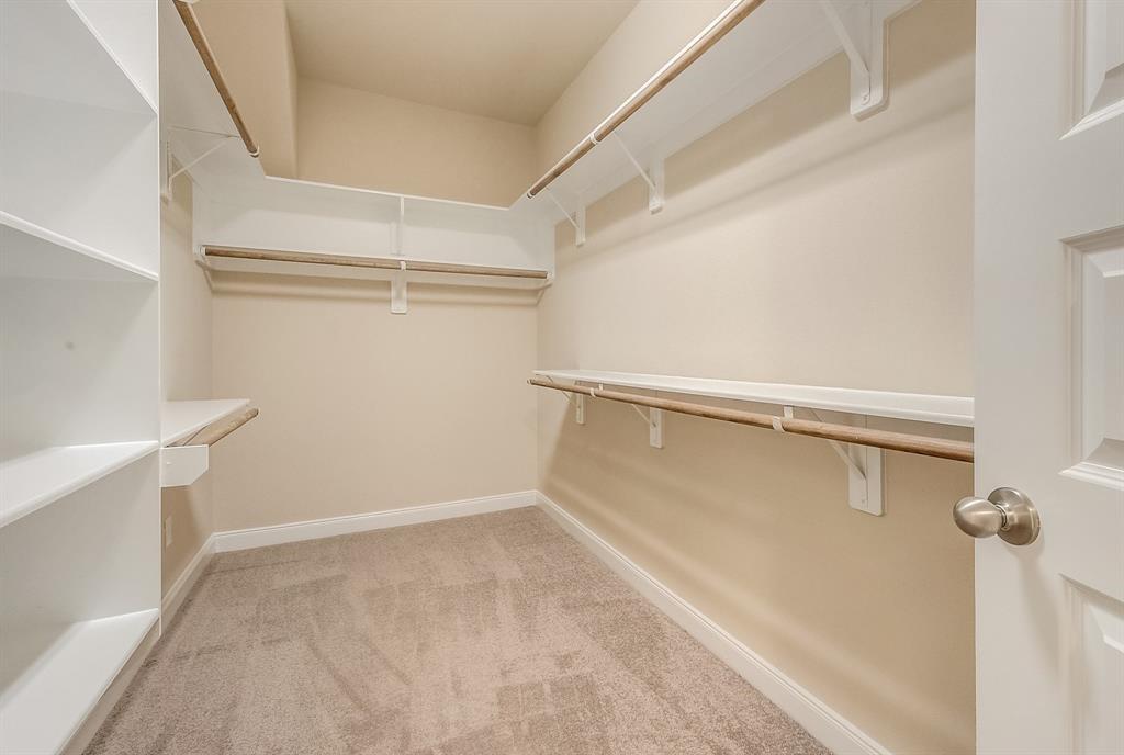 Walk-in closet with built-in shelving, hanging rods, and beige carpet.