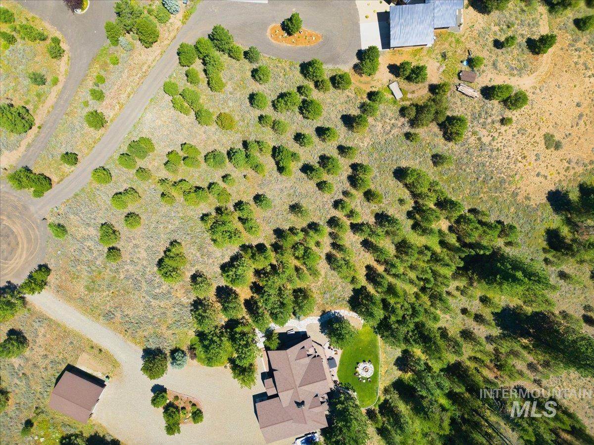 Aerial view of a home on a sagebrush-covered lot with trees, outbuildings, and gravel drives.