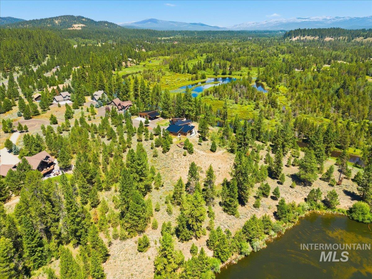 Aerial view of a wooded property with nearby homes, ponds, and distant mountains.