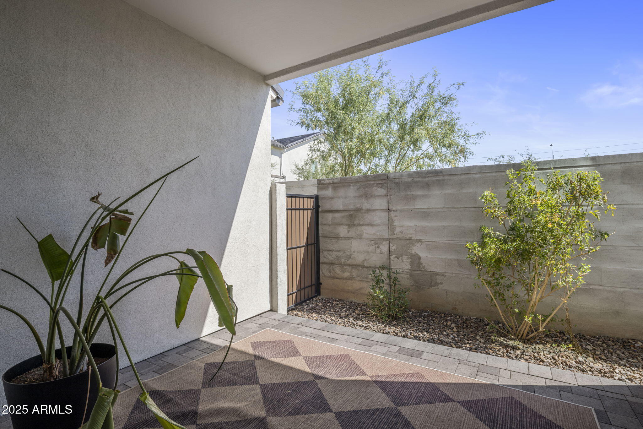 Covered patio with geometric rug, potted tropical plant, gravel landscaping, and concrete privacy wall.