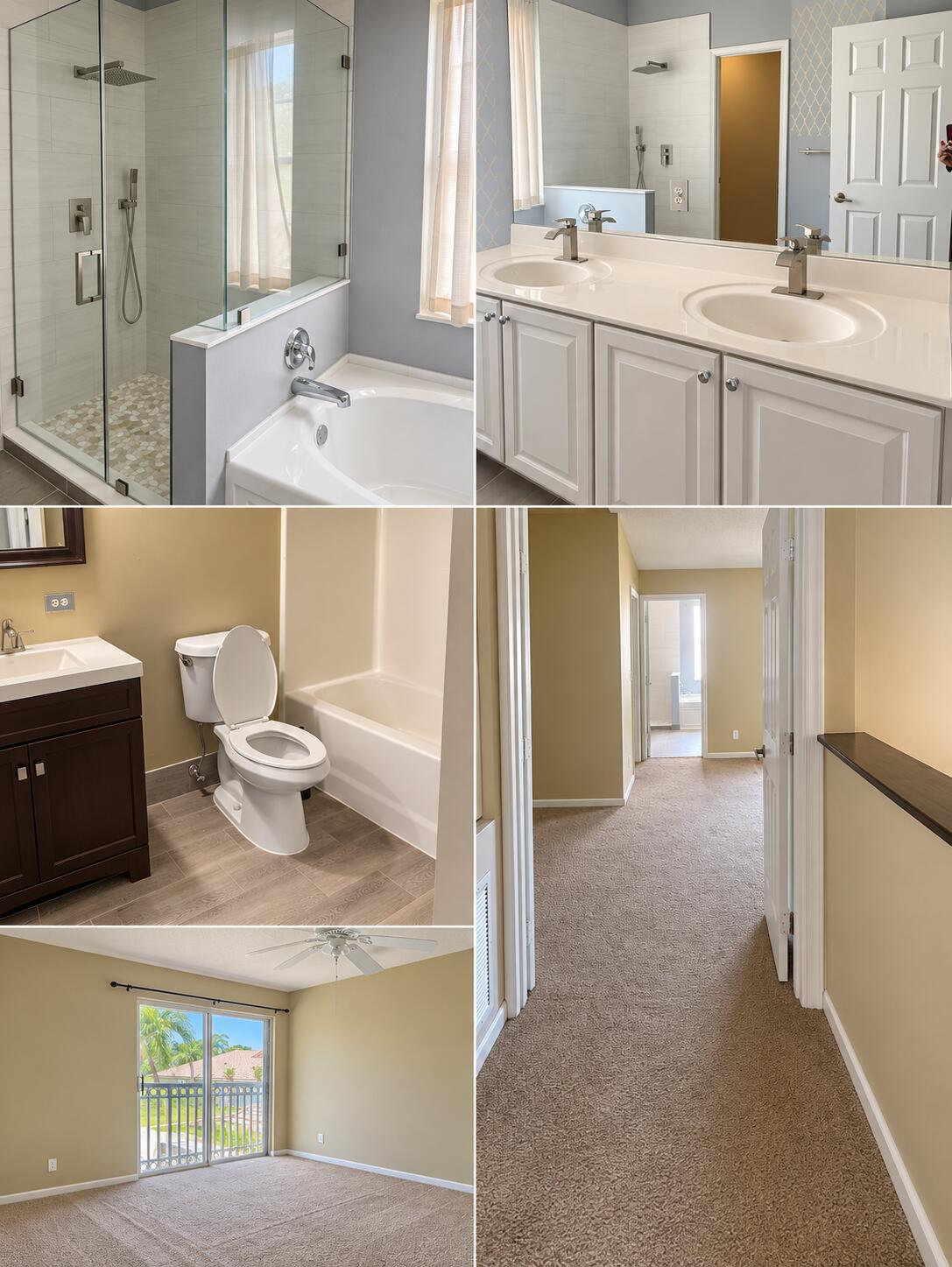 Home interior collage with a glass shower, double vanity, hallway, and carpeted bedroom opening to a balcony.