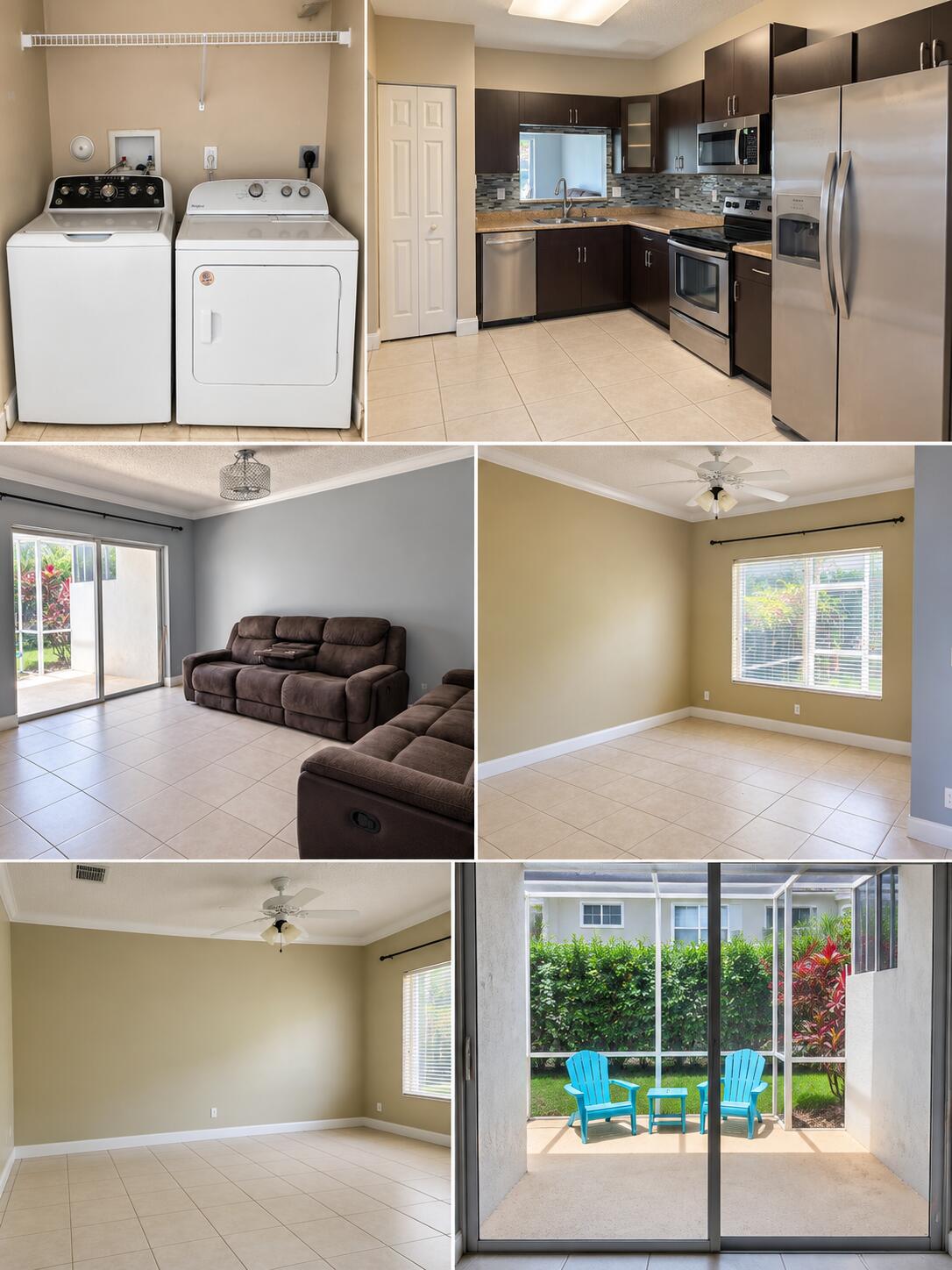Home collage featuring a stainless steel kitchen, tiled living room, empty rooms, laundry area, and screened patio.