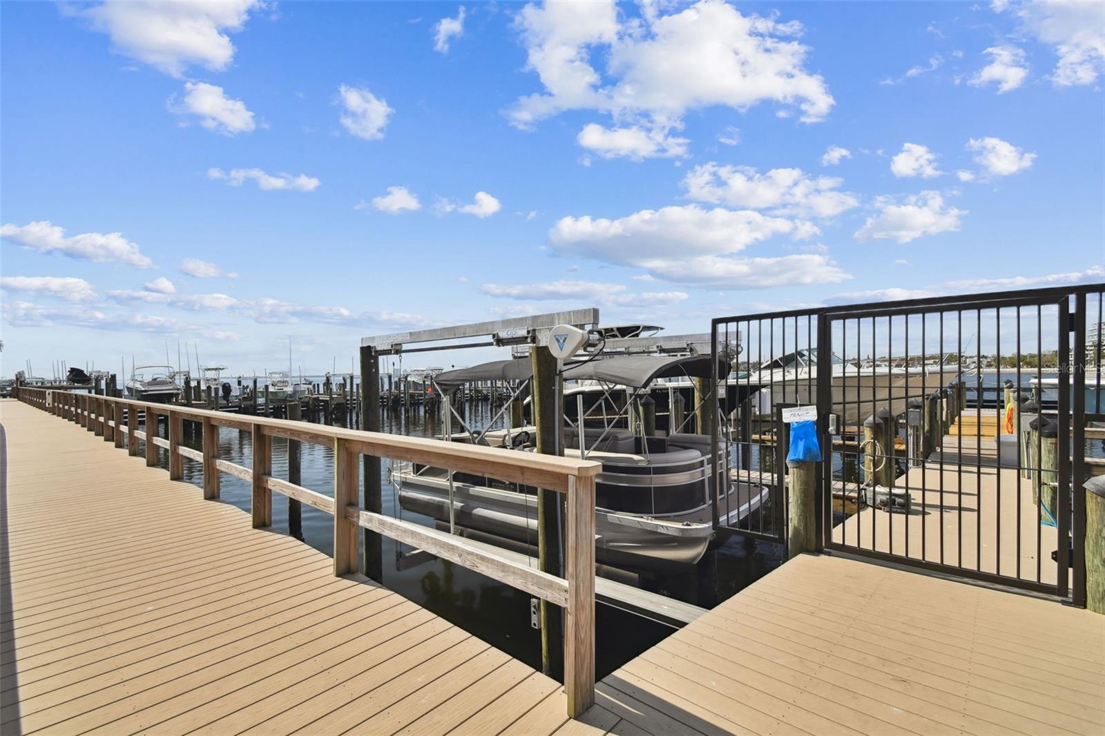 Marina dock with wooden boardwalks, boat slips, and a covered pontoon boat.