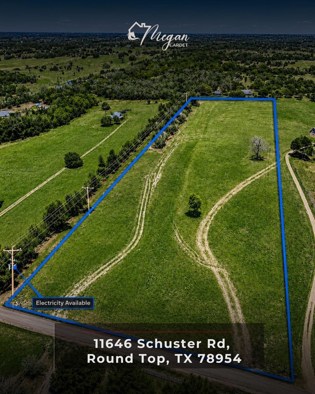 Aerial view of 11646 Schuster Road, a grassy parcel outlined in blue with road frontage.