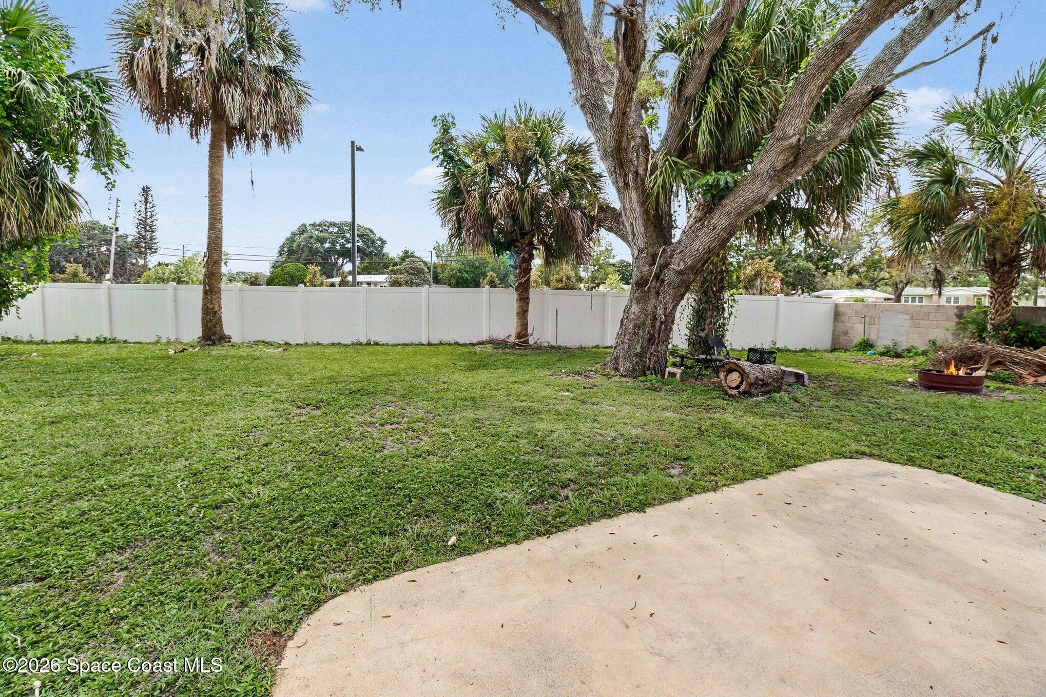 Fenced backyard with a broad lawn, mature palms, a large shade tree, and a concrete patio.