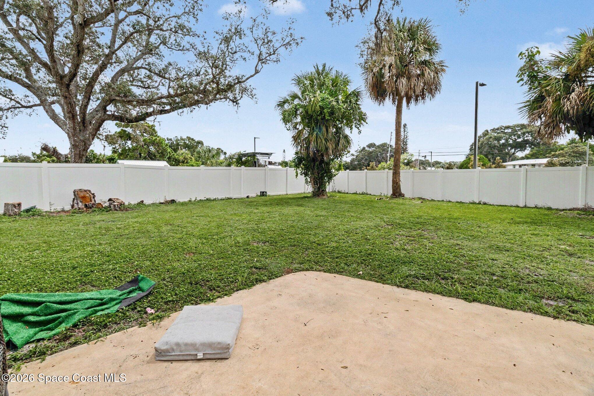Fenced backyard with a broad lawn, mature palms, and a concrete patio.