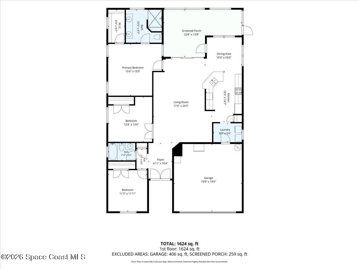 Floor plan showing three bedrooms, two bathrooms, a garage, and screened porch.