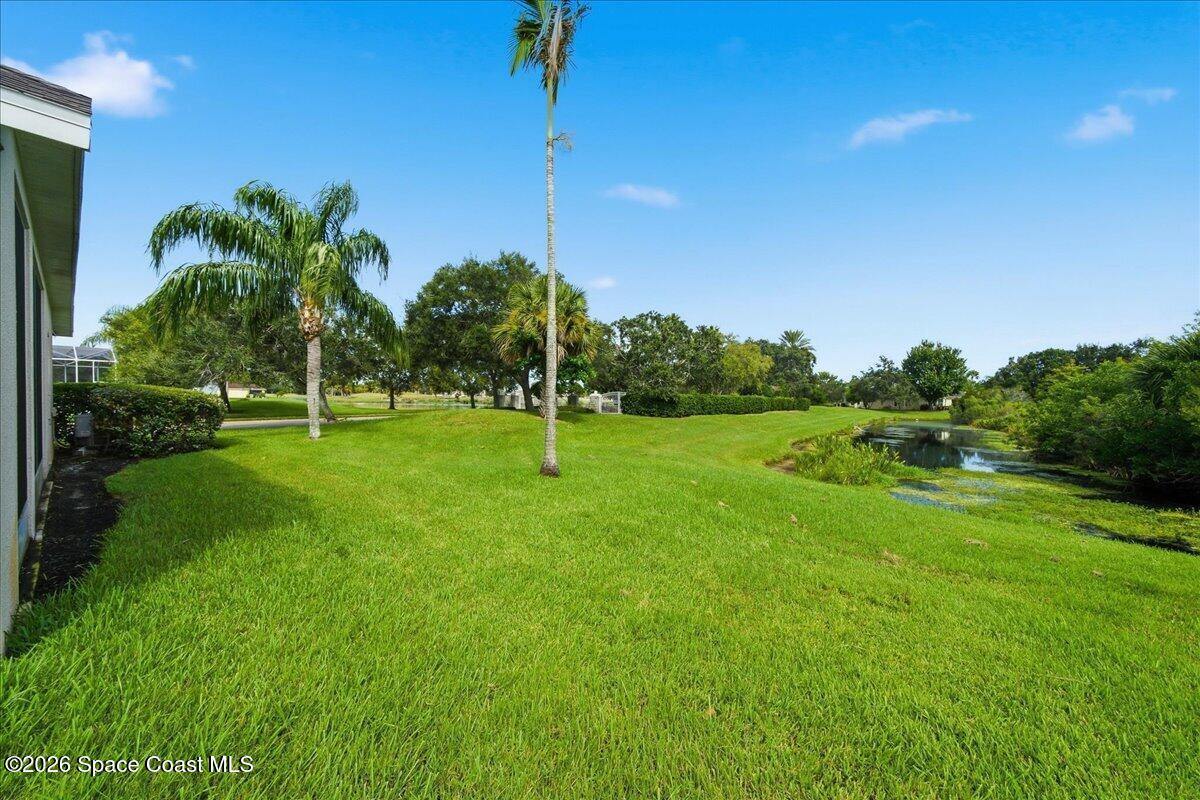 Waterfront backyard with a broad green lawn, palm trees, and a narrow pond beside the home.