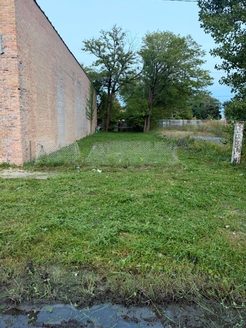 Vacant grassy lot beside a brick wall, chain-link fence, and shallow drainage ditch.