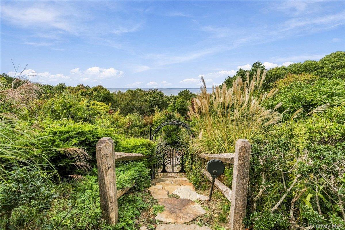 Stone path and wrought-iron gate lead through lush landscaping to a water view.