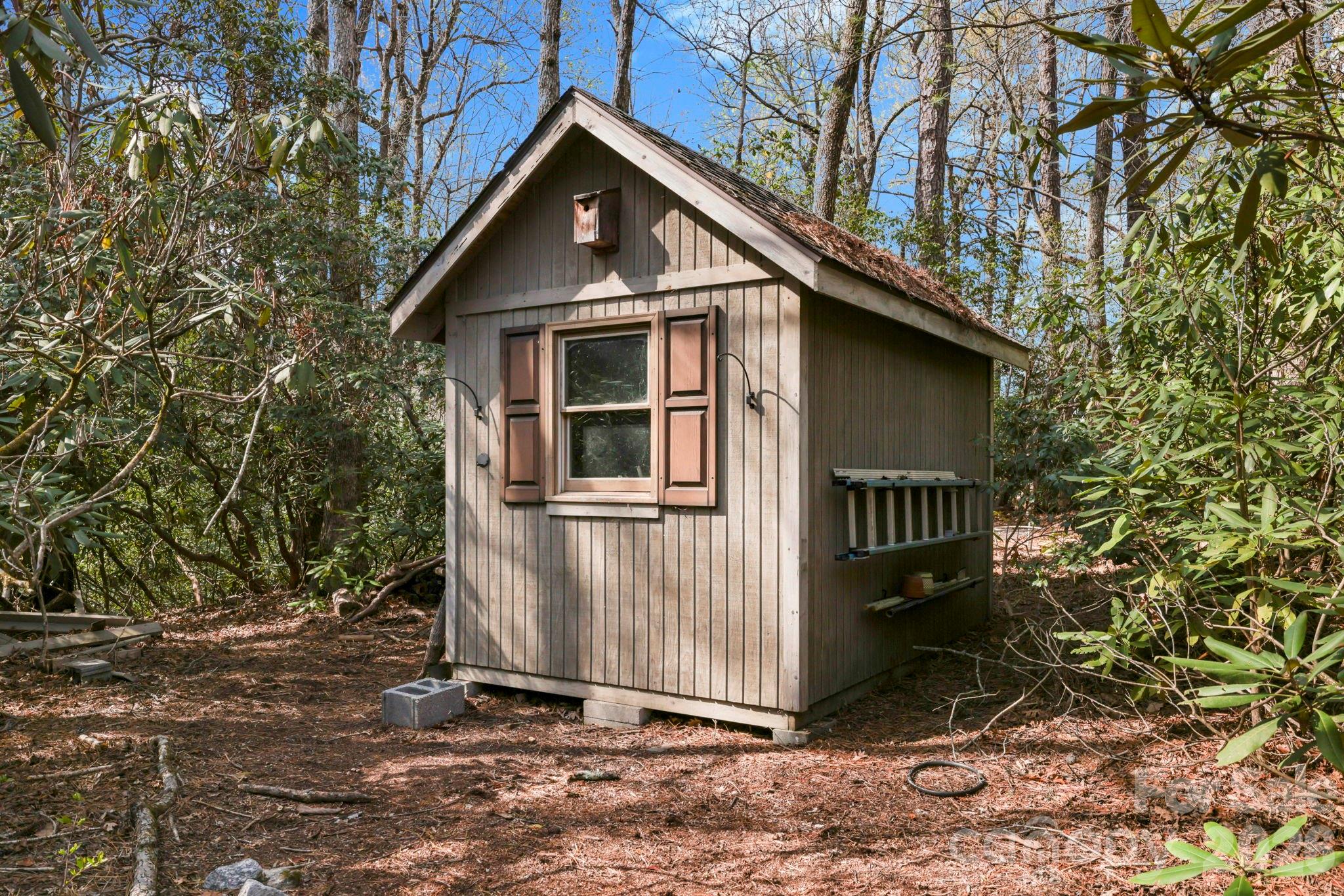 Small wood-sided shed with a gabled roof and shuttered window nestled among trees.