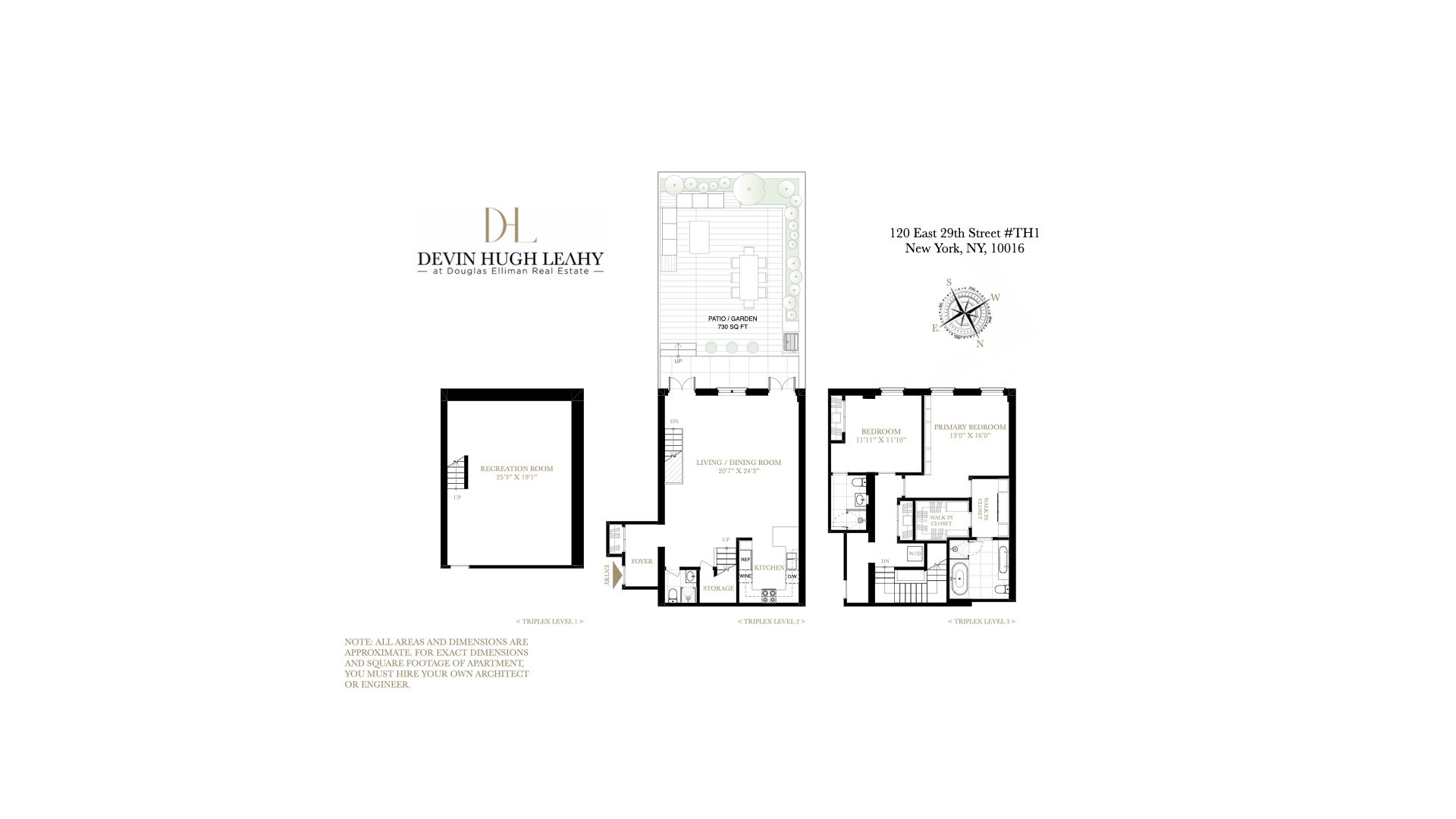 Triplex floor plan showing three levels, two bedrooms, a recreation room, and a 730-square-foot patio and garden.