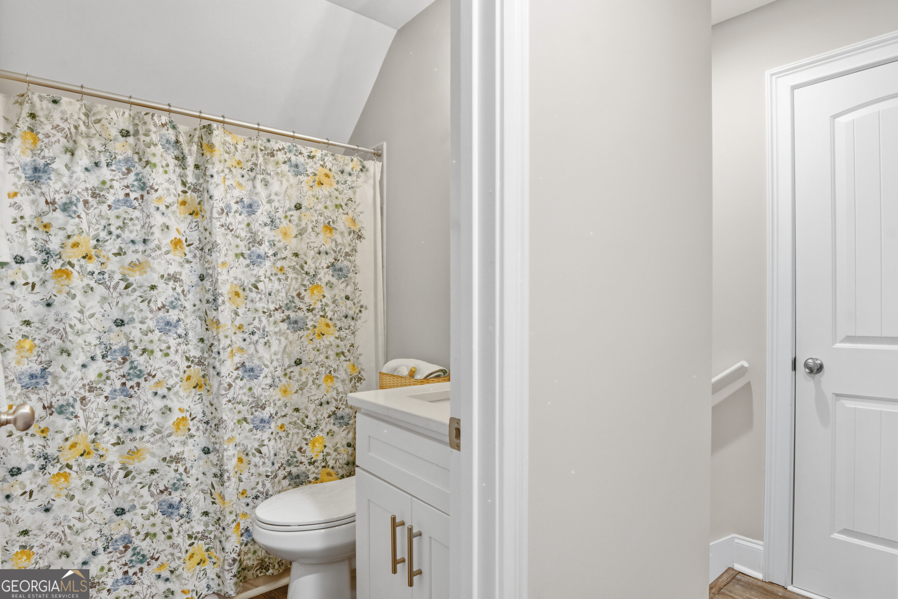 Bathroom with a floral shower curtain, white toilet, and vanity with brass hardware.
