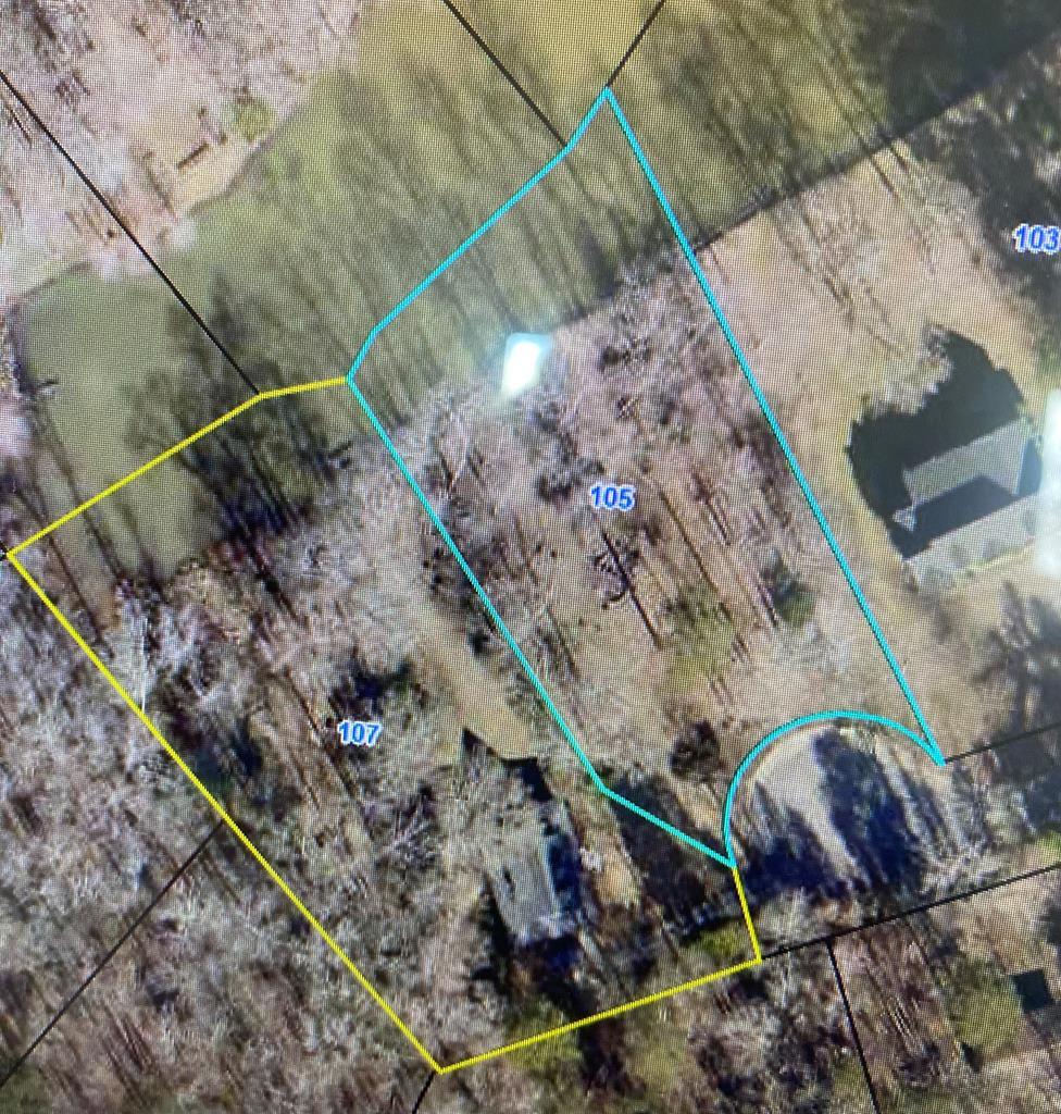Aerial view of wooded waterfront lot 105 outlined beside neighboring properties.