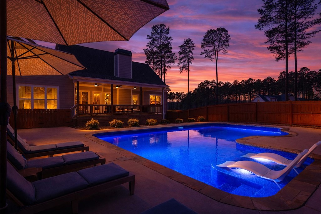 Backyard pool at dusk with glowing blue water, in-pool loungers, and a warmly lit house.