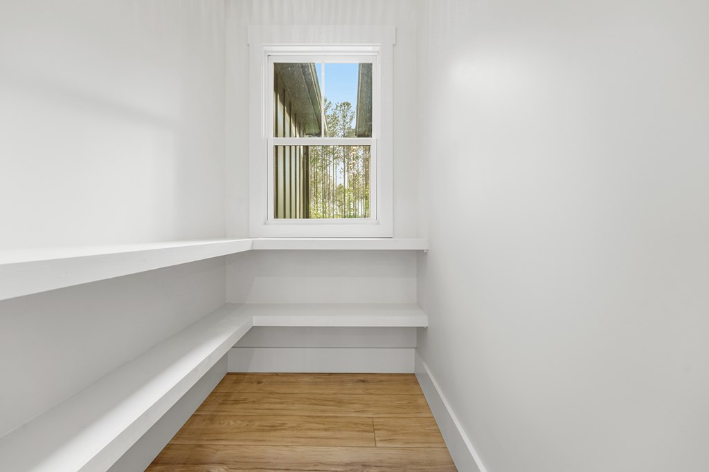 Walk-in pantry with white built-in shelves, wood-look flooring, and a window overlooking trees.