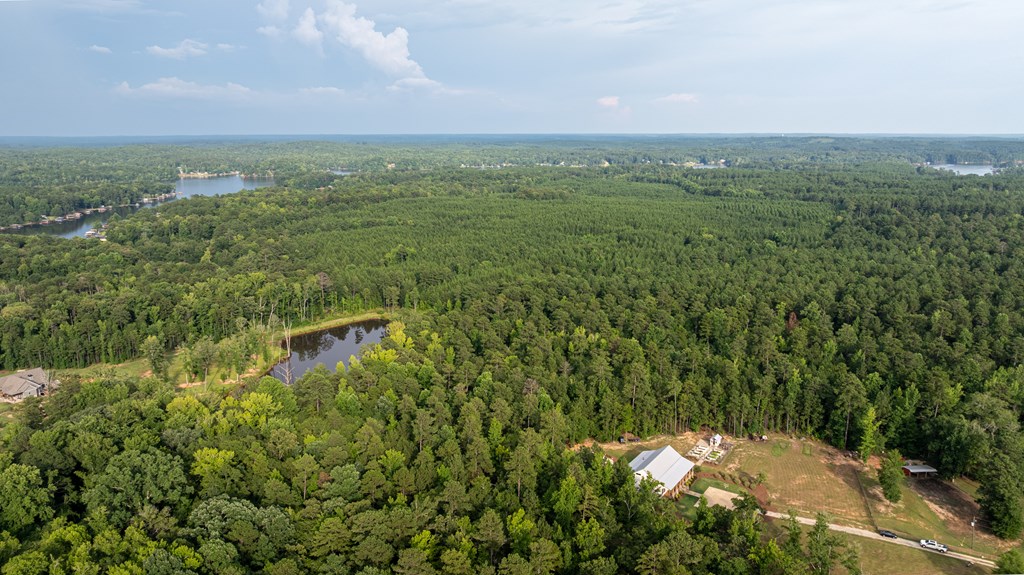 Aerial view of a wooded property with a pond, a cleared building site and water in the distance.