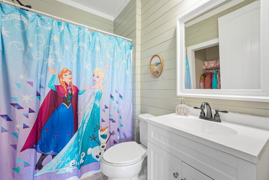 Bathroom with a white vanity, mirrored cabinet, and blue Frozen-themed shower curtain.