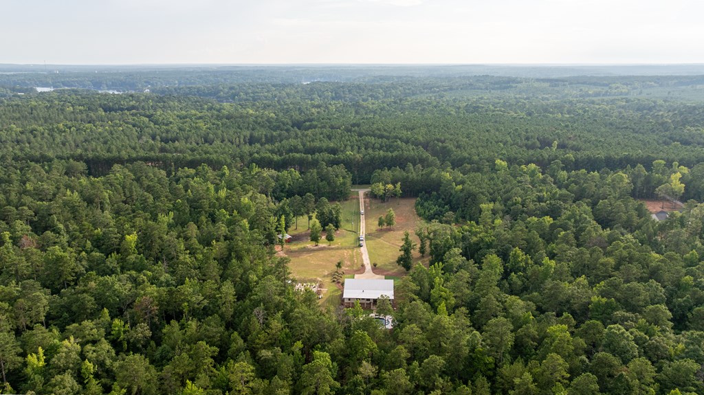 Aerial view of a wooded property with a long driveway leading to a white-roofed building.