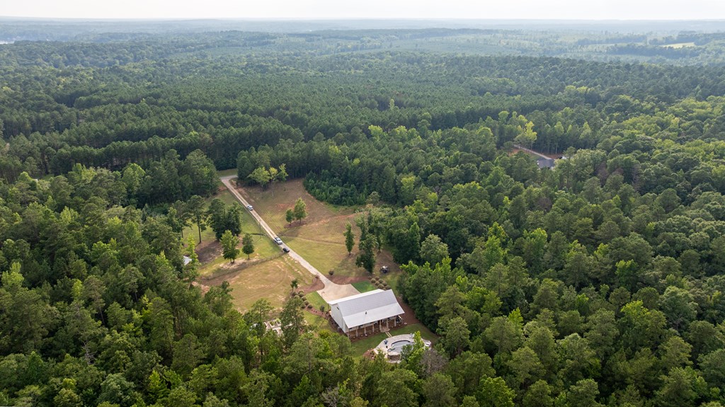 Aerial view of a house and small pool amid dense woodland, reached by a long driveway.