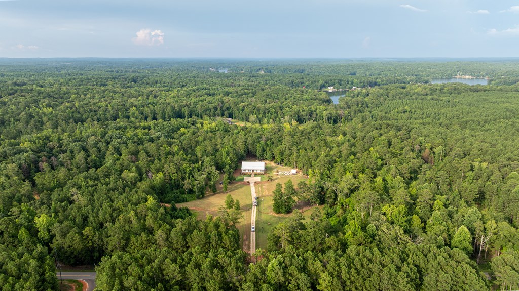 Aerial view of a wooded property with a home, long driveway, and distant water.