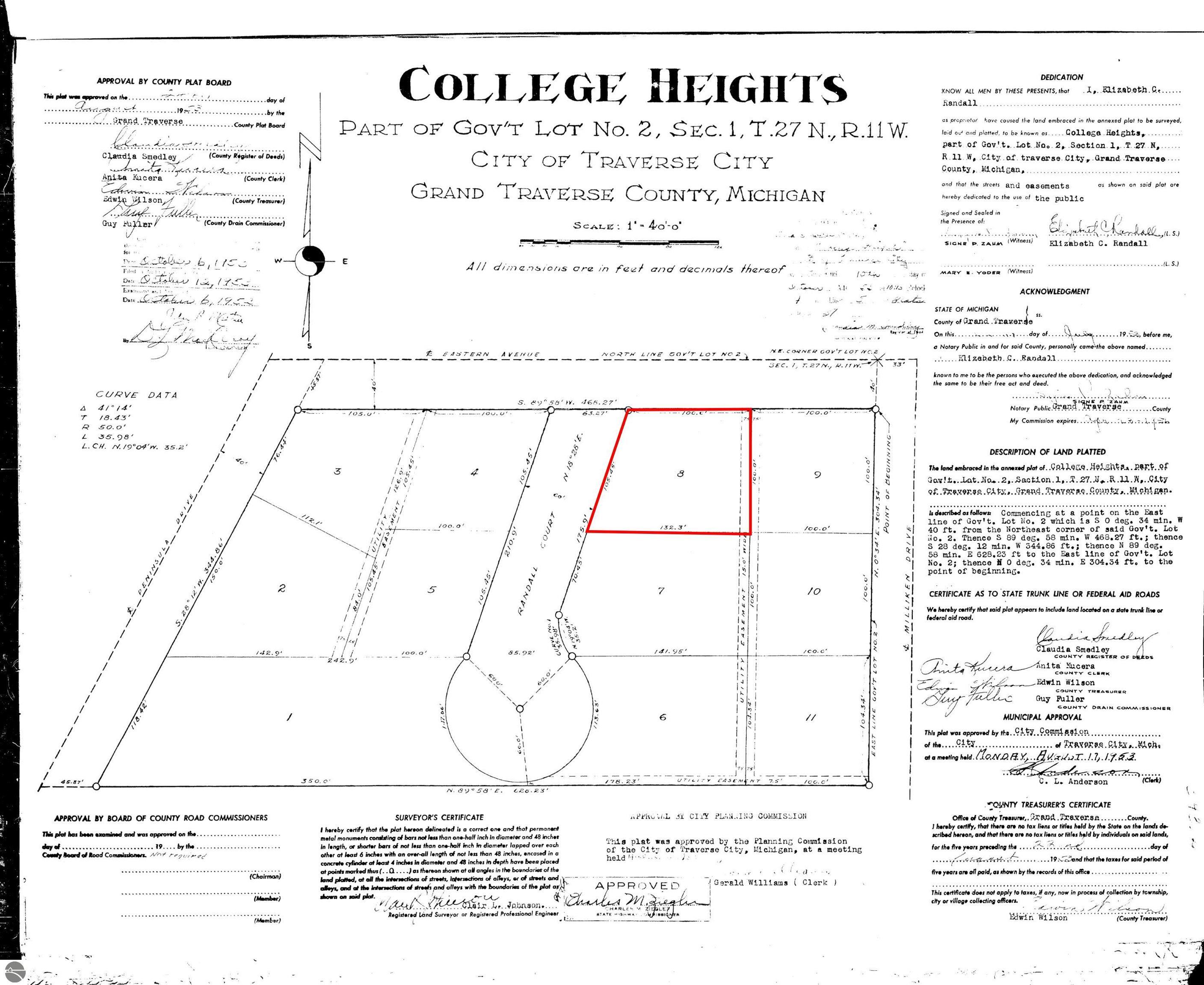 College Heights plat map with one lot outlined in red.