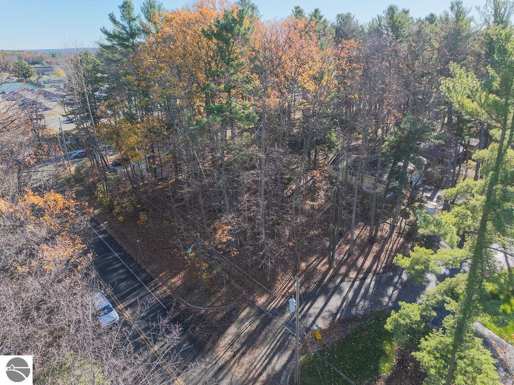 Aerial view of a wooded residential lot beside a curving road in autumn.