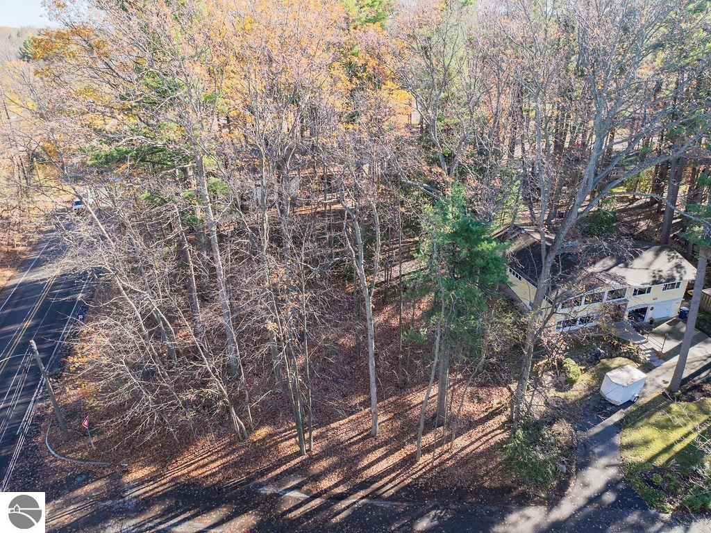 Aerial view of a wooded lot in autumn, with a road and a house at the lower right.
