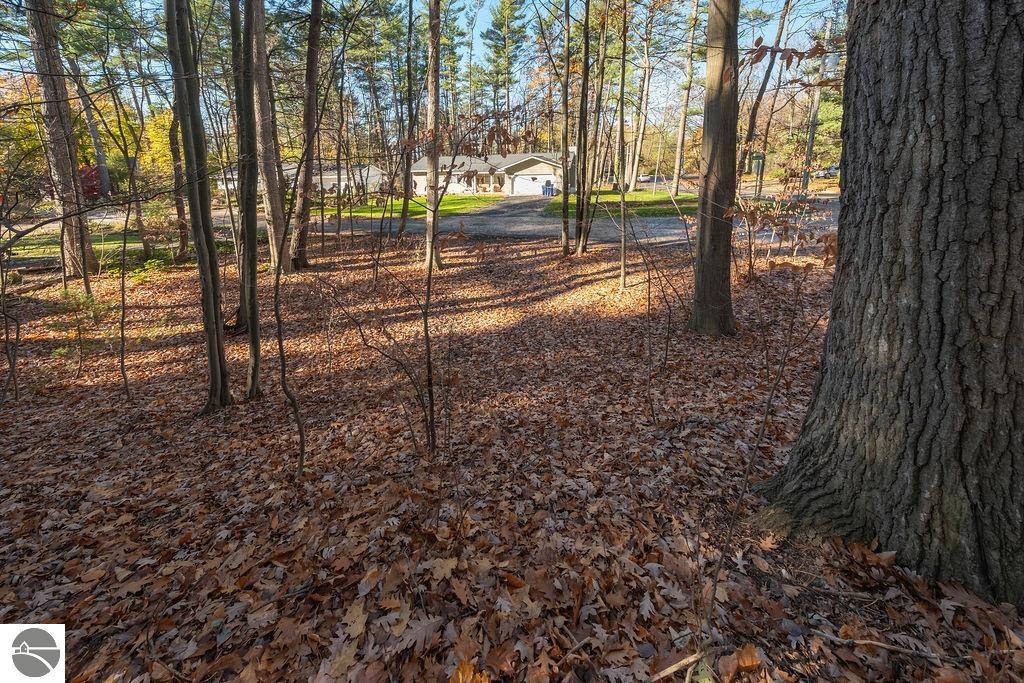 Wooded, leaf-covered lot with mature trees overlooking a road and a distant house.
