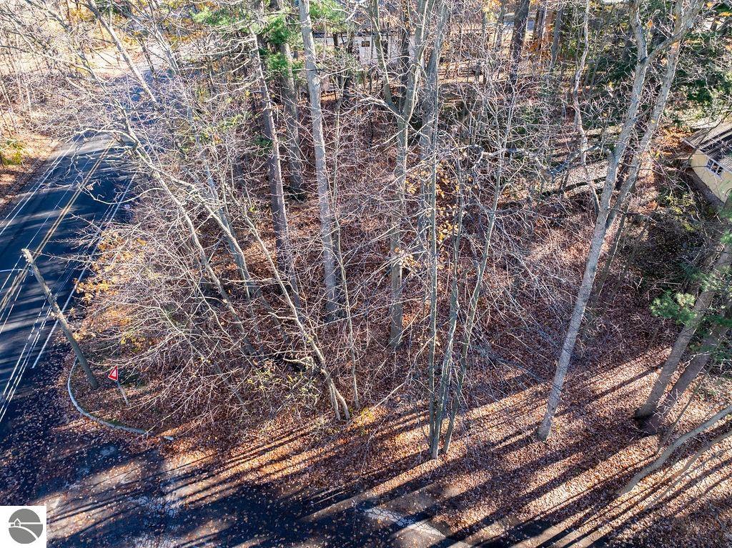 Aerial view of a wooded lot beside a paved road and sidewalk.