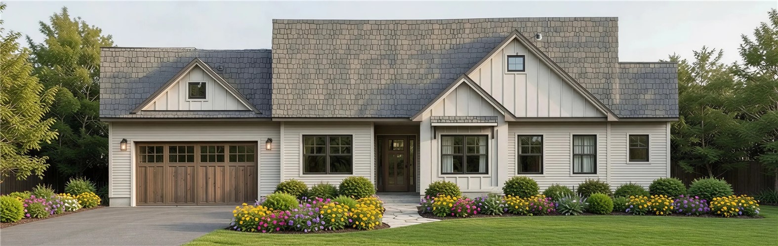 White-sided home with a steep gray shingle roof, wood garage door, and colorful flower beds.