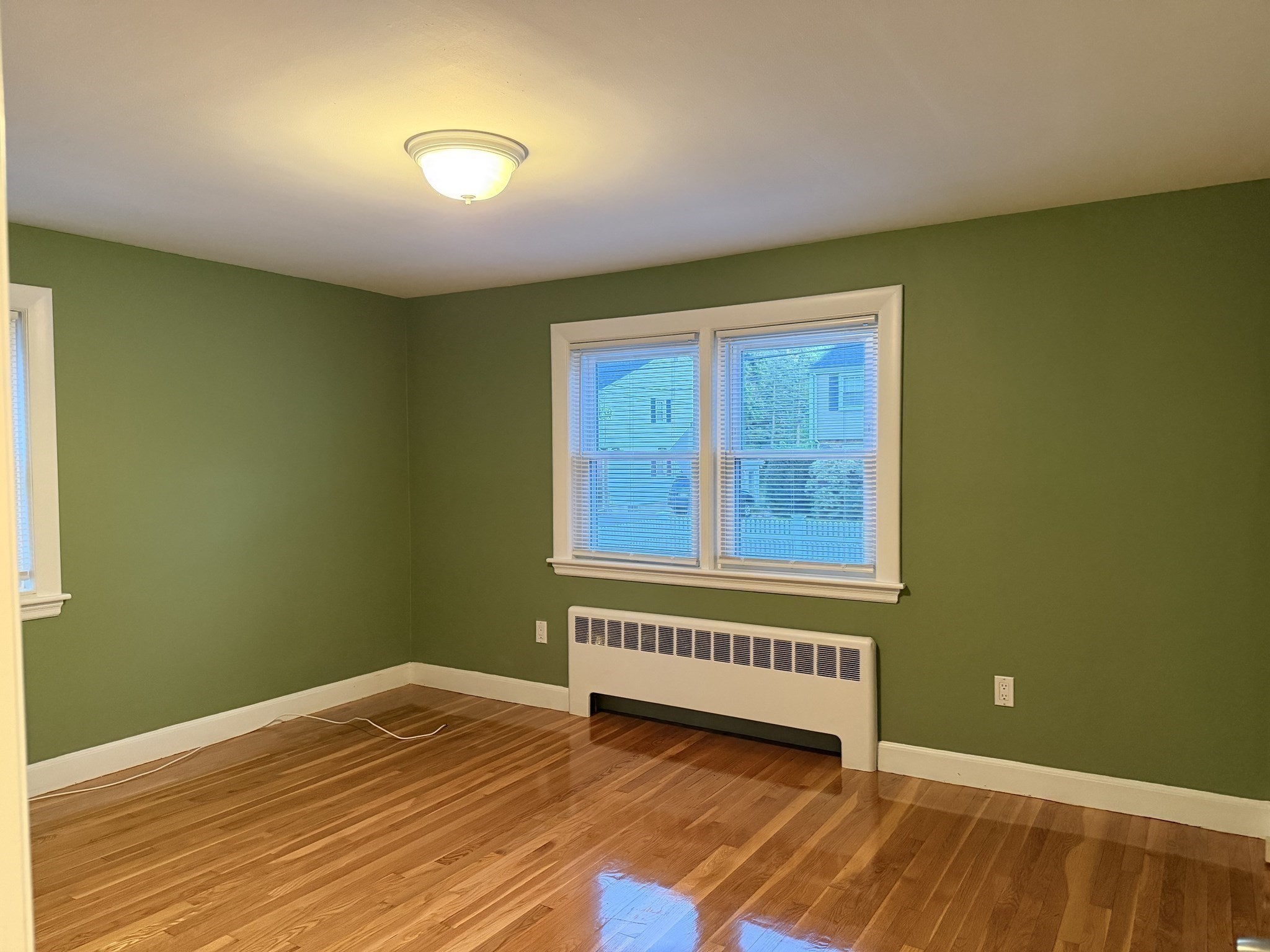 Empty room with olive-green walls, polished hardwood floors, and a white heater beneath the window.