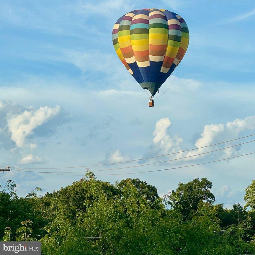 Colorful striped hot-air balloon above treetops and utility wires.