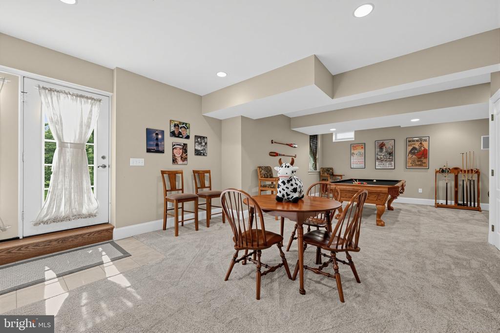 Furnished recreation room with a dining table, pool table, and glass exterior door.