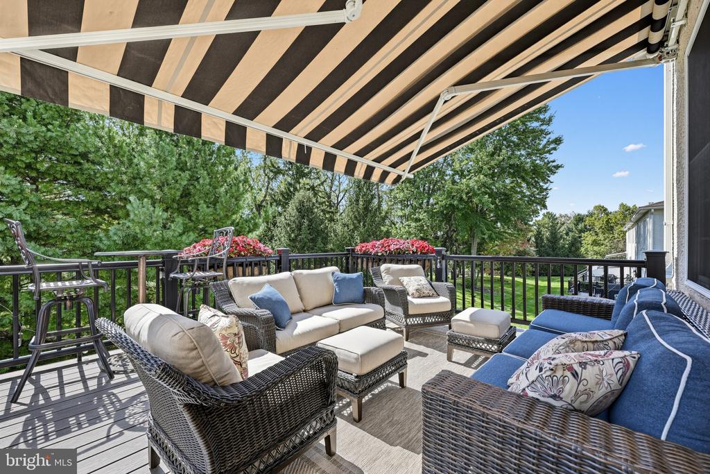 Furnished deck with wicker seating, blue cushions, and a striped retractable awning overlooking a leafy yard.