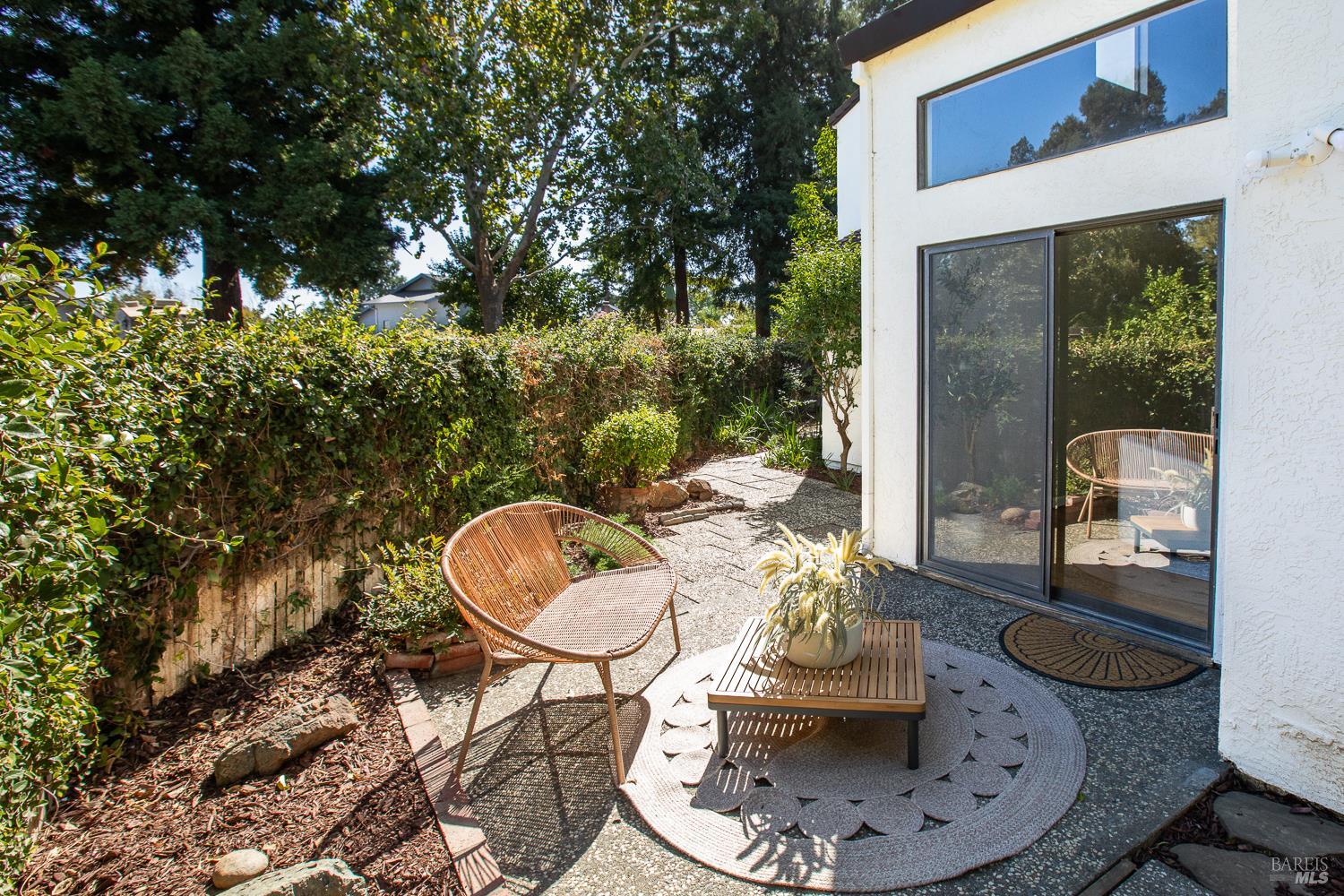 Backyard patio with wicker seating, a round rug, and sliding glass doors.